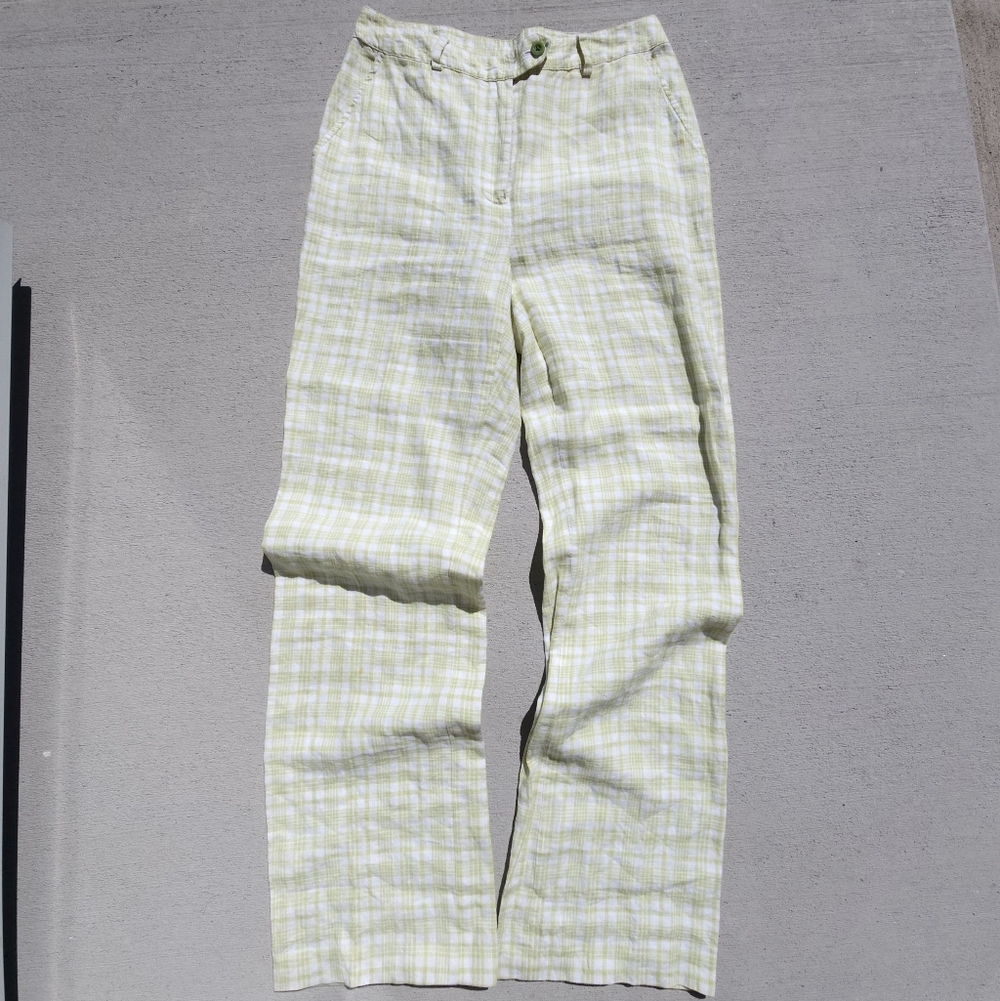 J.Crew 100% Linen Pastel Green Gingham Spring Dress Pants Womens Size 4 Wide Leg